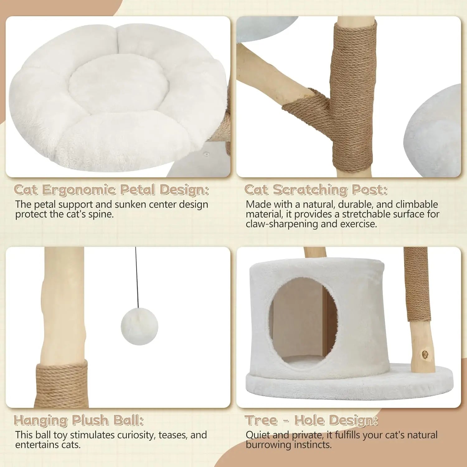 Indoor Use, Solid Wood Material, Boho Color Scheme, Luxury Multi - Level Cat Furniture with Condo and Basket