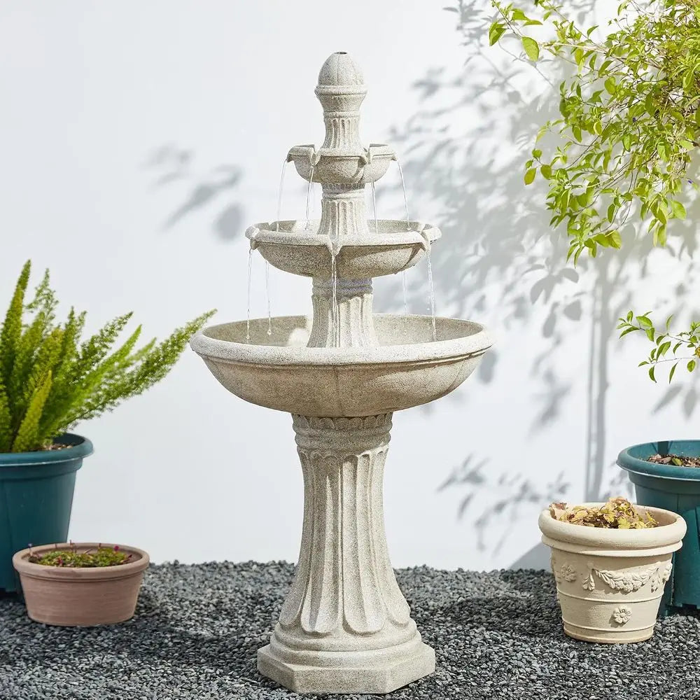 3-Tier Resin Patio Waterfall with Pump and LED Light, Sand Beige Outdoor Floor Fountain for Garden and Backyard