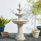 3-Tier Resin Patio Waterfall with Pump and LED Light, Sand Beige Outdoor Floor Fountain for Garden and Backyard