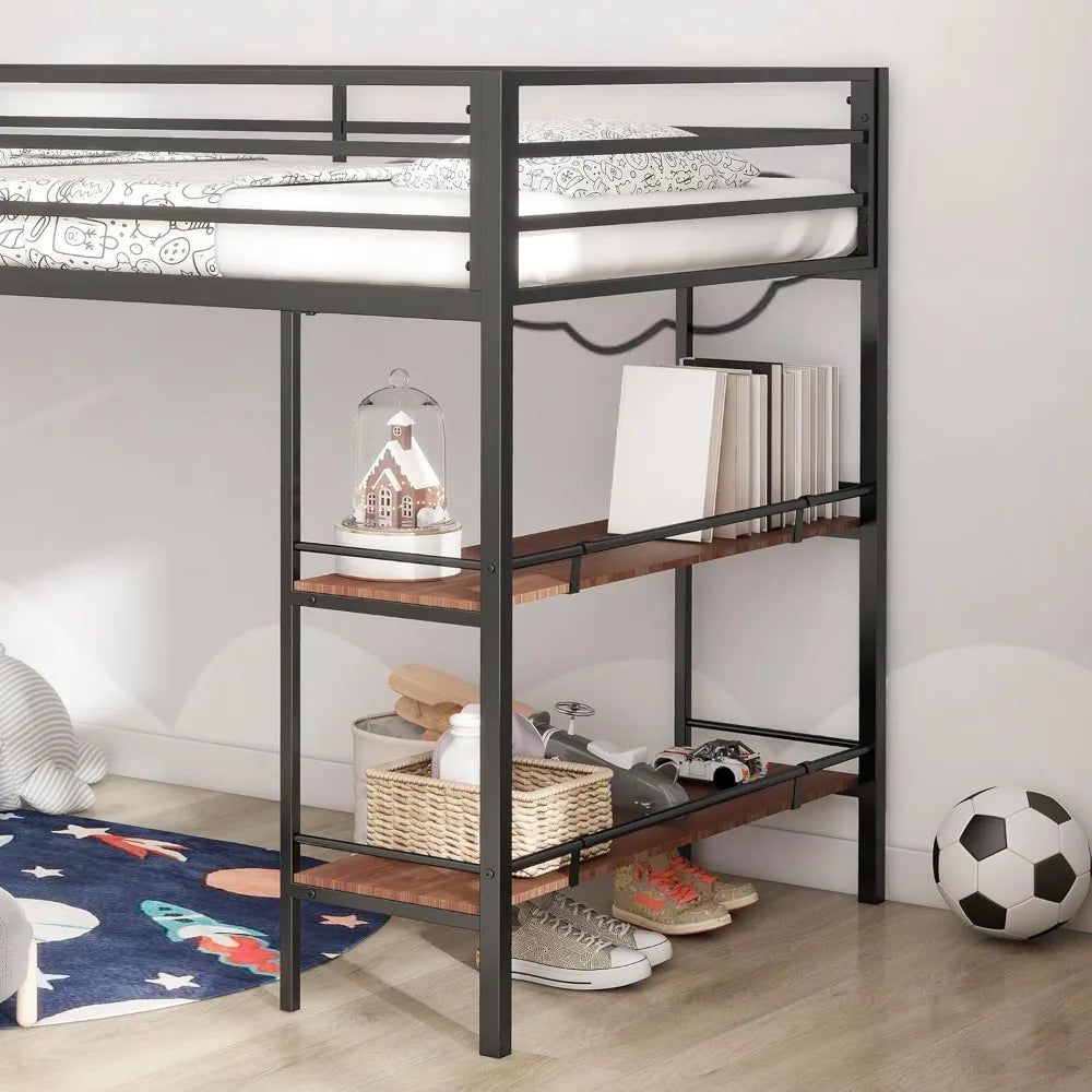Twin Size Low Loft Bed with Shelf for Kids, Metal Loft Bed Frame, Junior Low Loft Bed