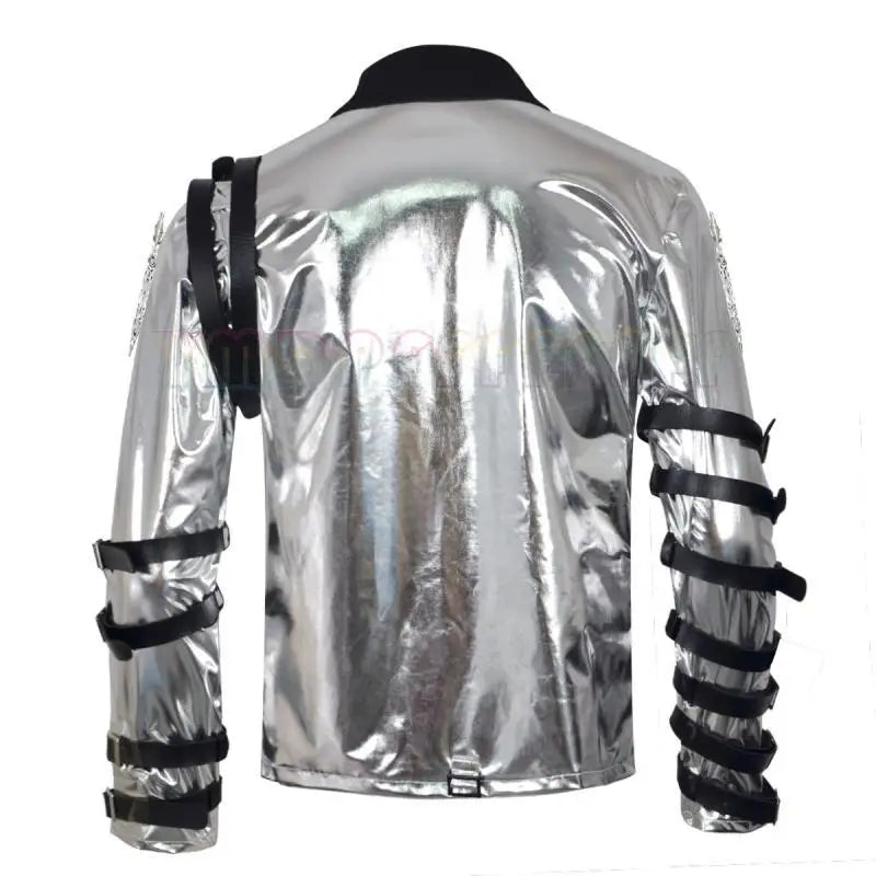 A person named Michael imitates costumes cosplay costumes performance costum silver leather jackets Halloween stage costum