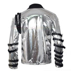 A person named Michael imitates costumes cosplay costumes performance costum silver leather jackets Halloween stage costum