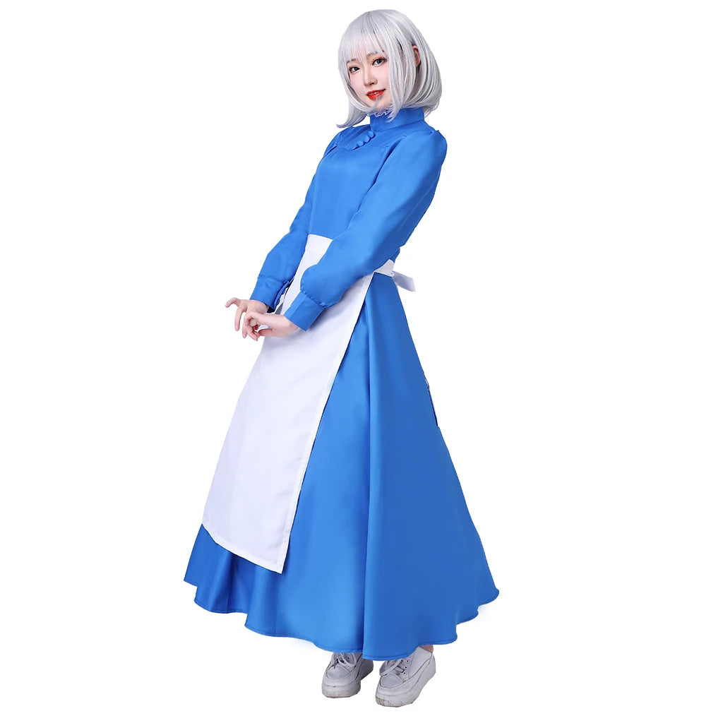 Women Sophie Blue Dress Cosplay Costume with Apron anime blue maid dress