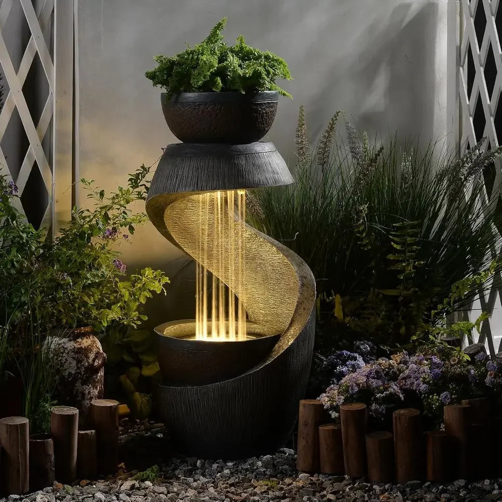 S-Shaped Outdoor Waterfall Fountain with LED Lights and Planter Bowl for Garden, Patio, Balcony, or Yard Decor