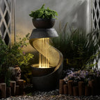 S-Shaped Outdoor Waterfall Fountain with LED Lights and Planter Bowl for Garden, Patio, Balcony, or Yard Decor
