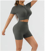 Workout Sets for Women 2 Piece Seamless Ribbed Short Sleeve Crop Top High Waist Shorts Yoga Outfits