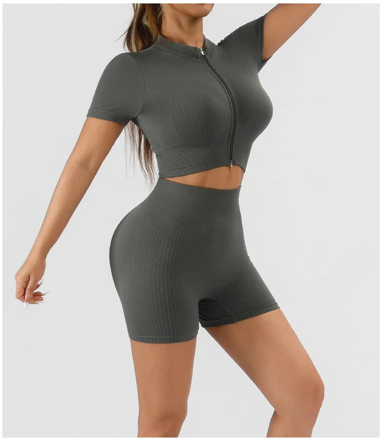 Workout Sets for Women 2 Piece Seamless Ribbed Short Sleeve Crop Top High Waist Shorts Yoga Outfits