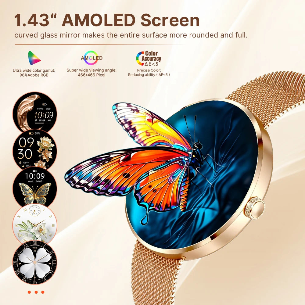 MEVADEN 8.5mm Utra-thin Stainless Steel Smartwatch 1.43 inch AMOLED Screen Women Bluetooth Call Health Monitor Sport Smart Watch