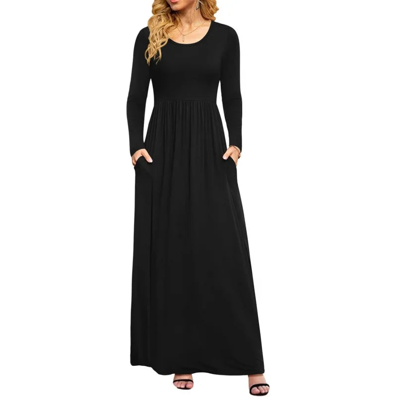 Women Casual Long Sleeve Maxi Dresses Empire Waist Long Dress with Pockets