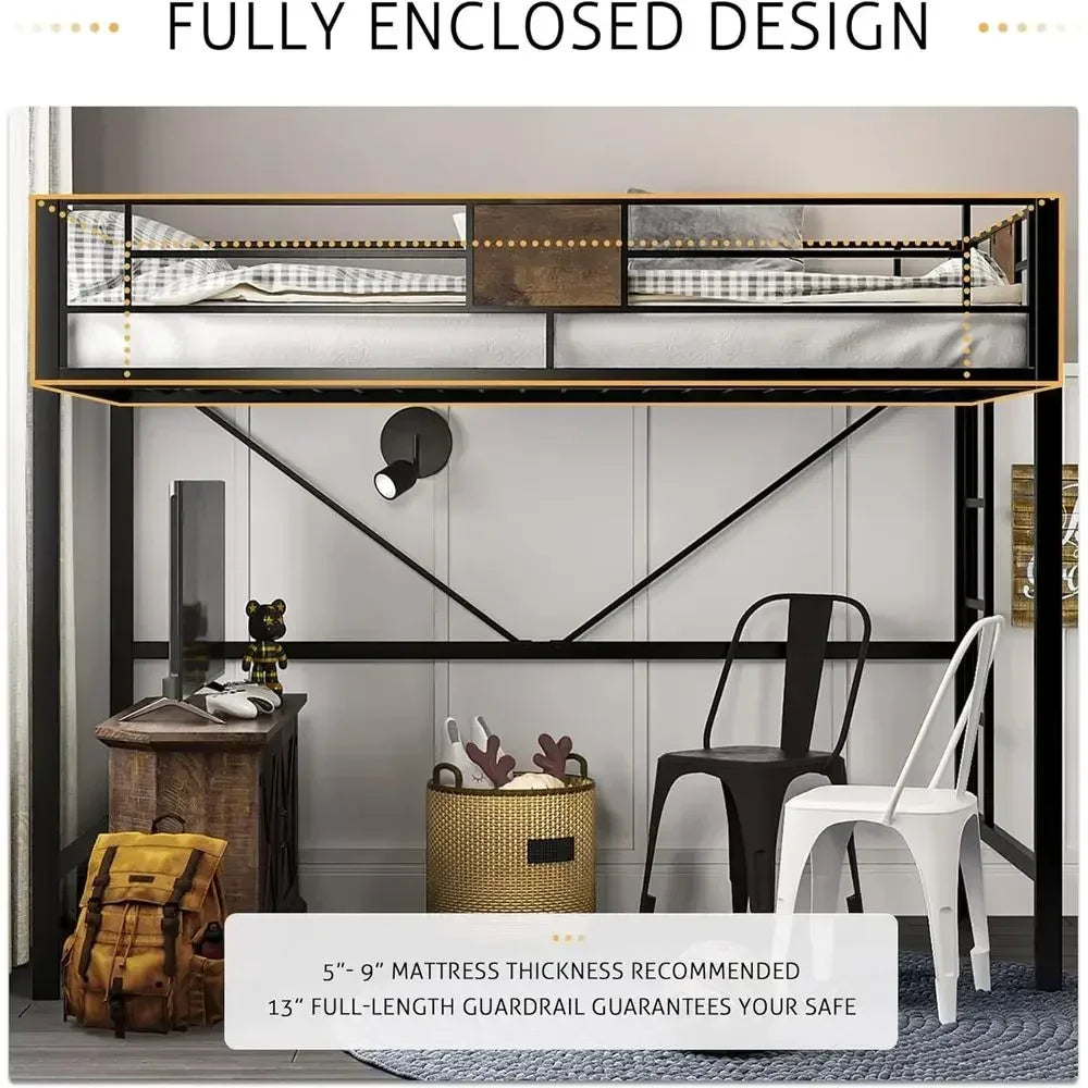 Twin Size Metal Bed Frame with Ladder, Rustic Style, No Box Spring Needed, Space-Saving for Bedrooms or Dorms