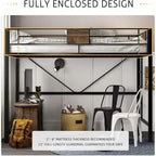 Twin Size Metal Bed Frame with Ladder, Rustic Style, No Box Spring Needed, Space-Saving for Bedrooms or Dorms