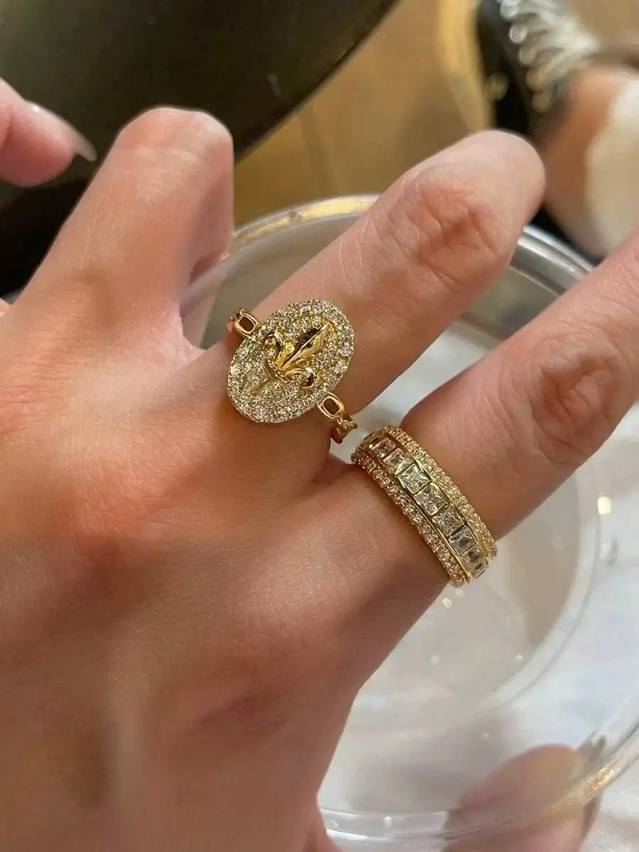 3Pcs Fashion Hollow Chain Open Copper Ring Set For Women, Inlaid Shiny Cubic Zirconia Finger Jewelry, Adjustable Stackable Rings, Elegant Accessory For Party Banquet Dating, Ideal Holiday Birthday Gift For Ladies