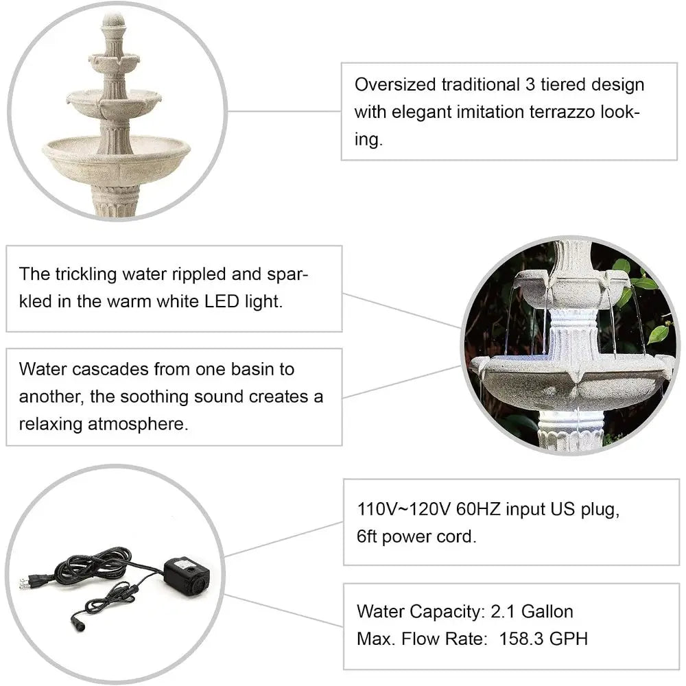 3-Tier Resin Patio Waterfall with Pump and LED Light, Sand Beige Outdoor Floor Fountain for Garden and Backyard