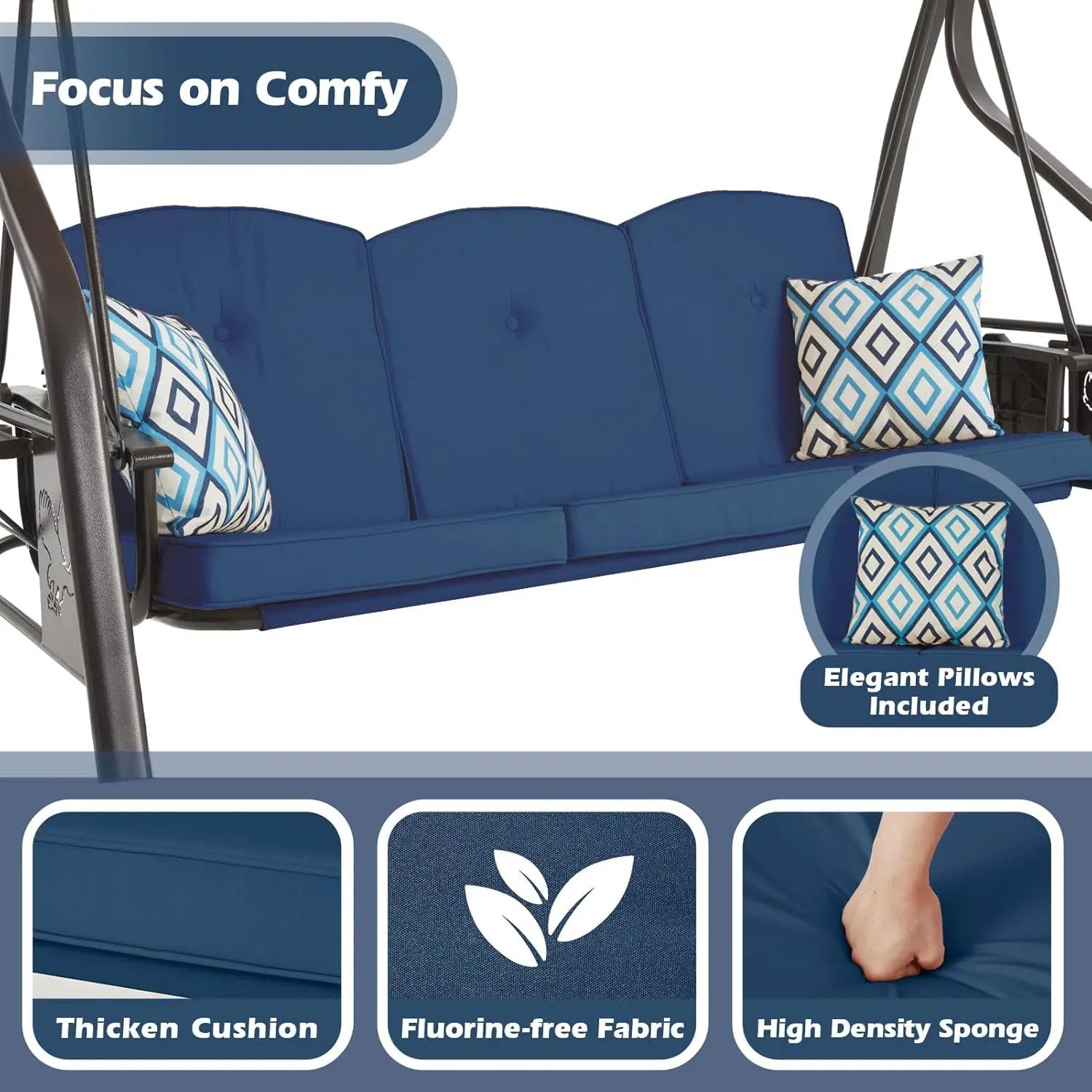 Outdoor Porch and Yard Use, Metal Frame, Blue 3-Seat Swing with Canopy, Extra Pillows and Cup Holder