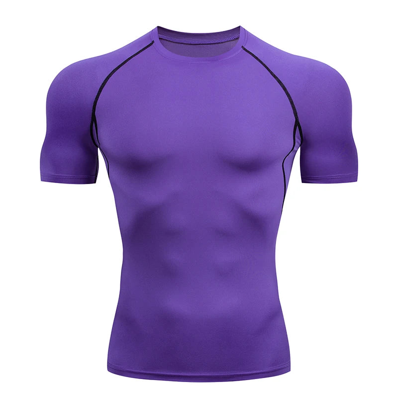 Summer Men Athletic Tight Short Sleeve Compression T Shirt Elastic Polyester Quick Dry Breathable Running Fitness Training Base Top