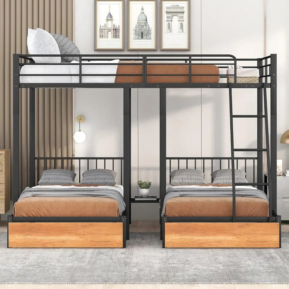 Triple Bunk Bed with Storage, Over Twin Metal Frame, Safety Guardrail & Ladder, Suitable for Kids, Teens, Adults, No Box Spring