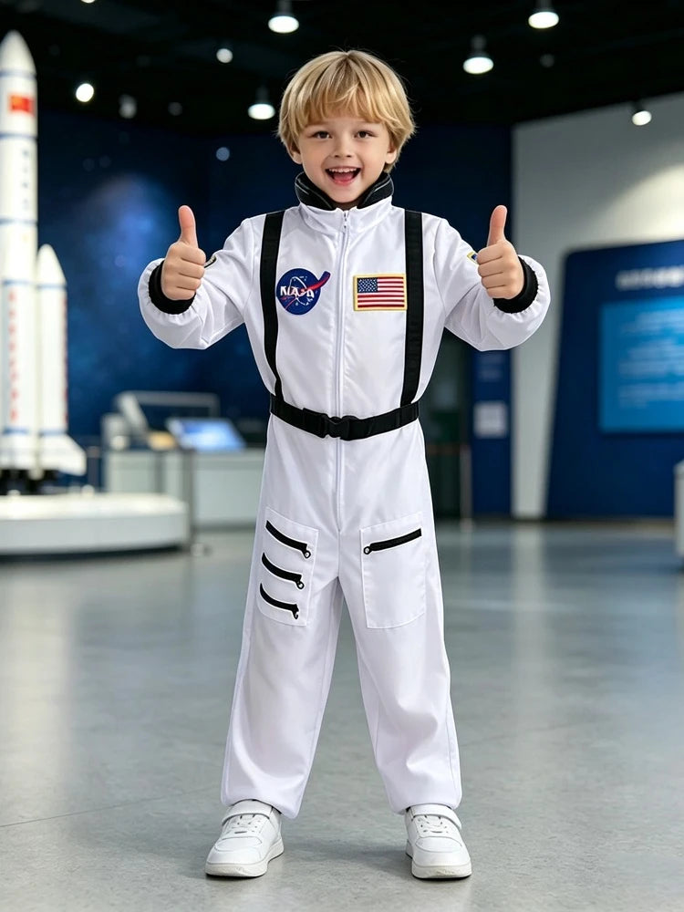 New Children White Black Trim Astronaut Costume Replica Flight Jumpsuit Unisex Kid Spaceman Uniform Halloween Cosplay Outfit