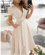 Solid Wrap Midi Dress Elegant Women Dress Mid Short Sleeve V Neck Tie Waist Pocket A-line Office Daily Summer