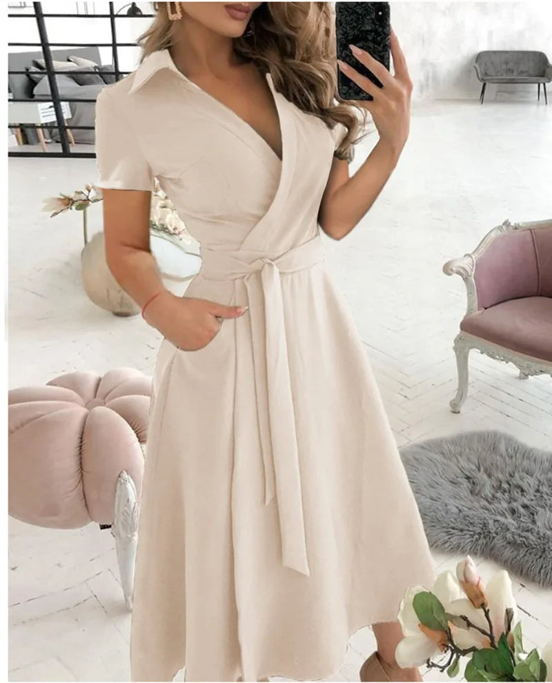 Solid Wrap Midi Dress Elegant Women Dress Mid Short Sleeve V Neck Tie Waist Pocket A-line Office Daily Summer