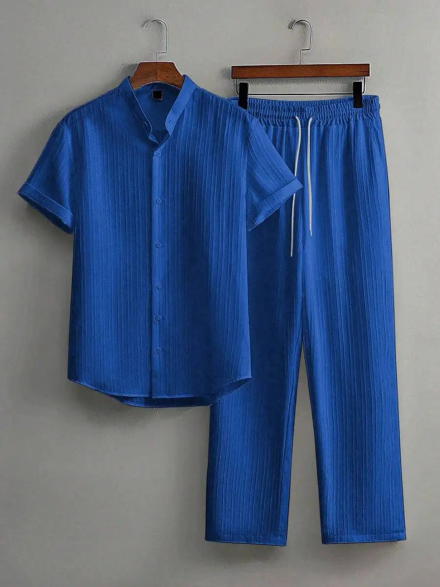 Mens Summer Solid Color Short Sleeve Stand Collar Shirt And Elastic Drawstring Pants Casual Co-ords Set