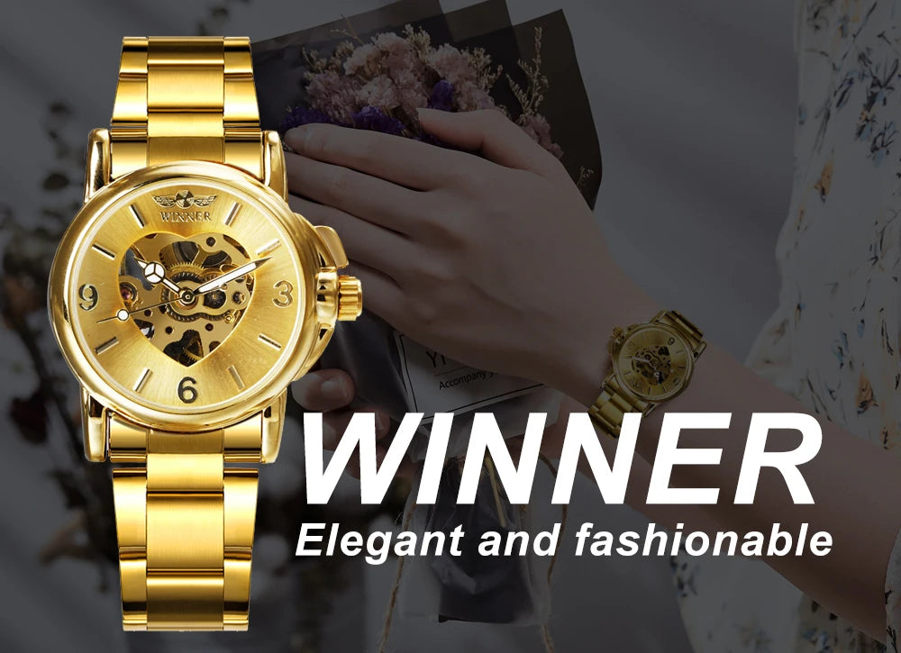 WINNER Fashion Elegant Skeleton Automatic Mechanical Watch for Women Luminous Hands Stainless Steel Strap Business Ladies Watches