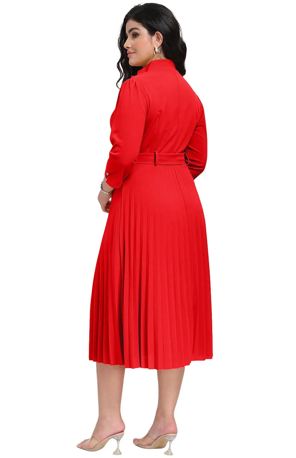 Womens V Neck Business Casual Shirt Dress With 3/4 Sleeves Pleated Midi Skirt And Belt