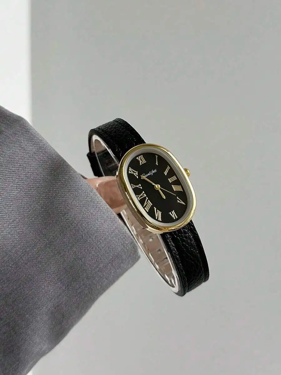 1pc Vintage Style Adjustable Strap Quartz Women's Watch, Oval Dial, Roman Numeral Markers, Compact Design, Suitable For Daily