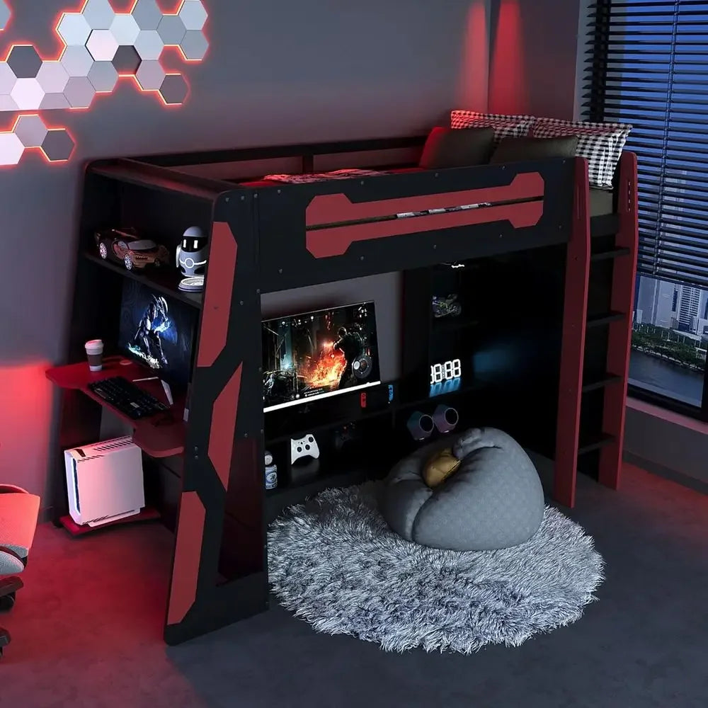 Twin Size Gaming Loft Bed with Integrated Desk and Storage, Wood Frame, LED Light Strip, Space-Saving Design (Red)