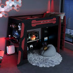 Twin Size Gaming Loft Bed with Integrated Desk and Storage, Wood Frame, LED Light Strip, Space-Saving Design (Red)