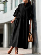 Plus Size 5XL VONDA Elegant Party Wedding Dress Women Autumn 3/4 Lantern Sleeve Pleated Maxi Sundress Casual Fashion Long Robe