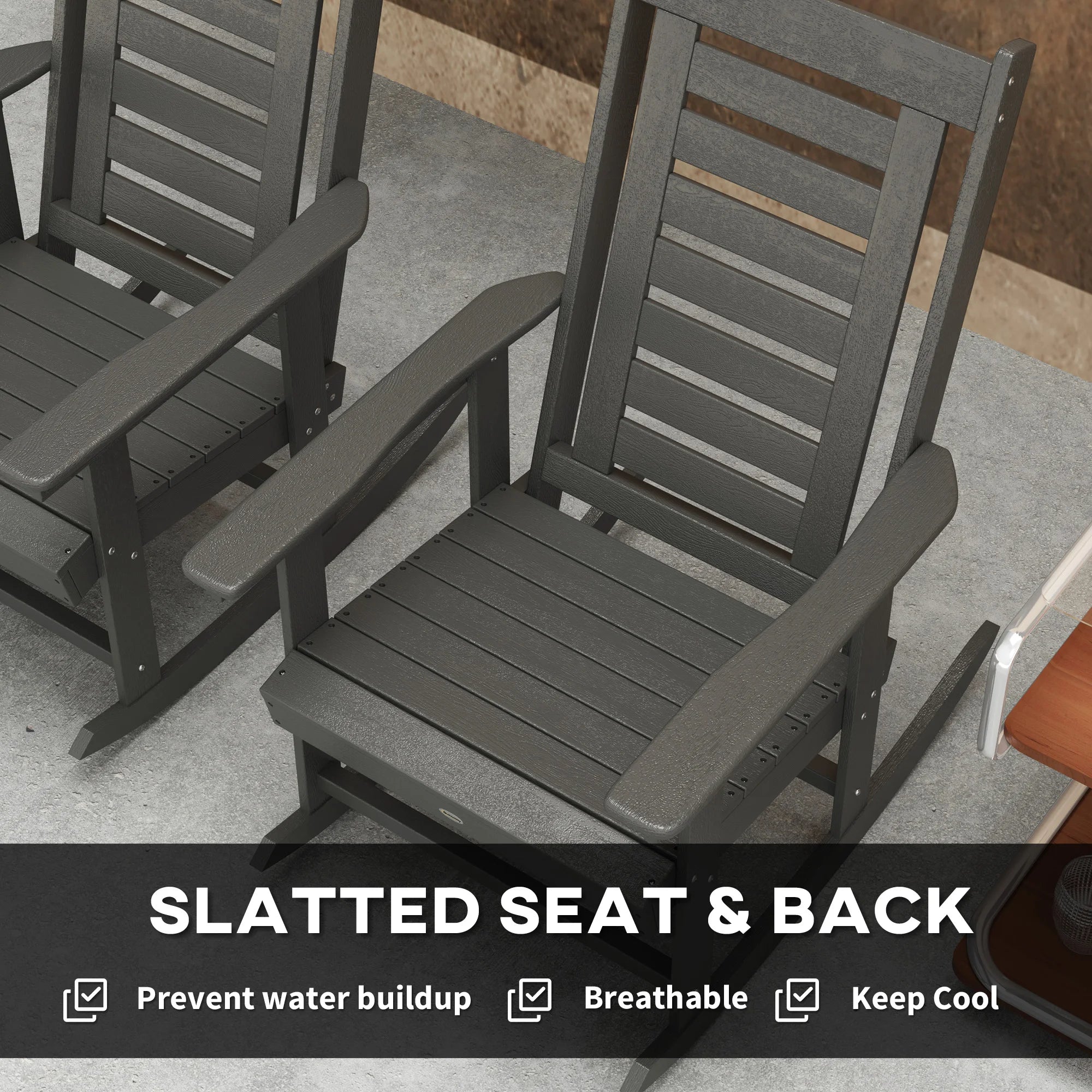 2 Outdoor Rocking Chairs, HDPE High Back Patio Rockers, Dark Gray