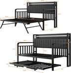 Daybed With Trundle And Led Light, Heavy Duty Metal Twin Bed Frame With Upholstered Storage Headboard & Charging Station, Pop Up Trundle Bed For Living Room, Bedroom And Guest Room