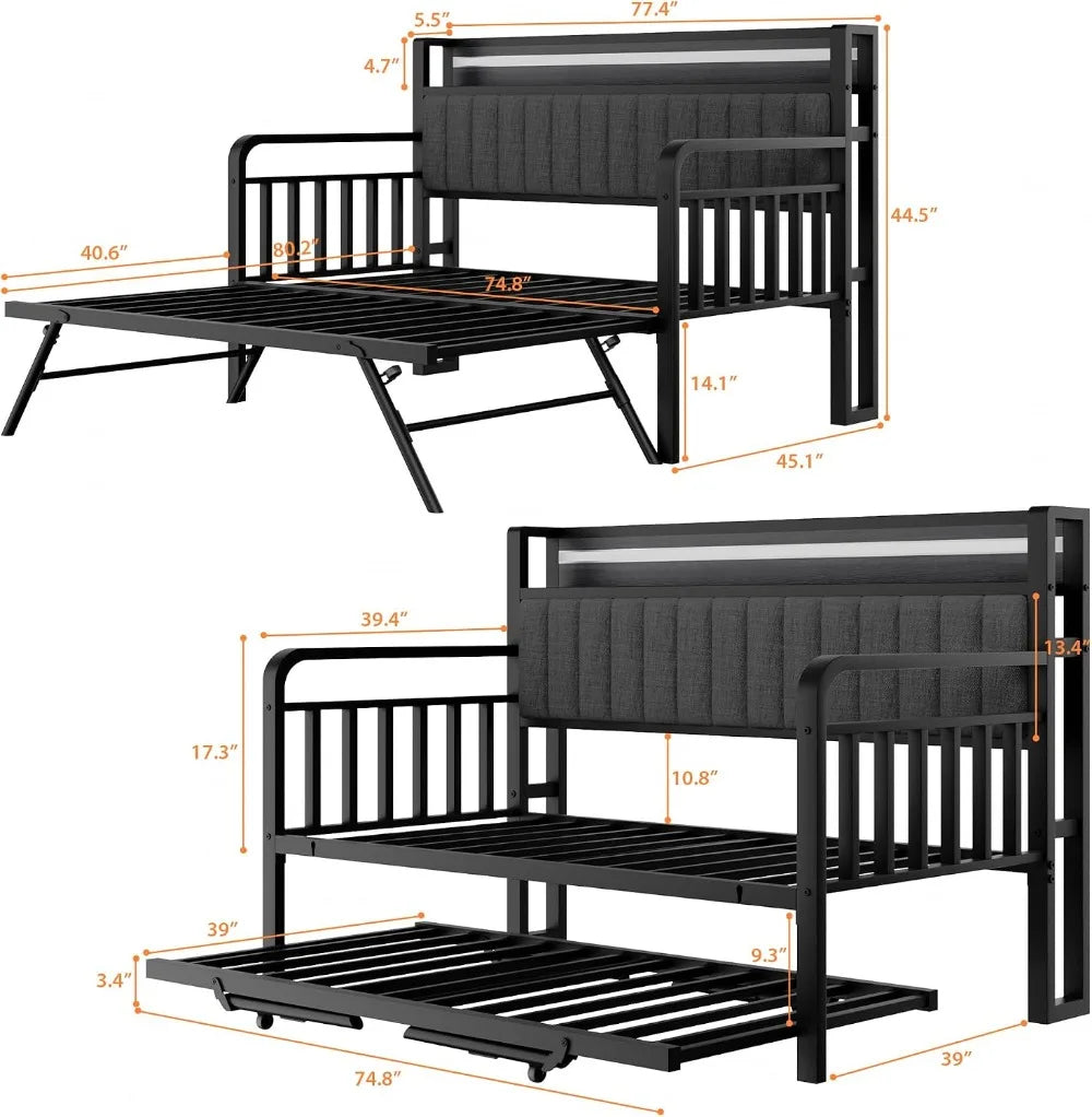 Daybed With Trundle And Led Light, Heavy Duty Metal Twin Bed Frame With Upholstered Storage Headboard & Charging Station, Pop Up Trundle Bed For Living Room, Bedroom And Guest Room
