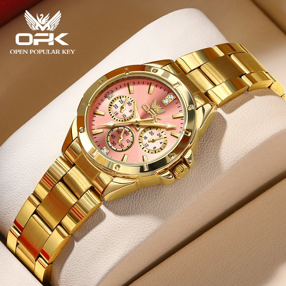OPK 6001 Original Quartz Movement Elegance Watch For Women Chronograph Stainless Steel Three Simple Small Dials HD Luminous Function Life Waterproof Watch