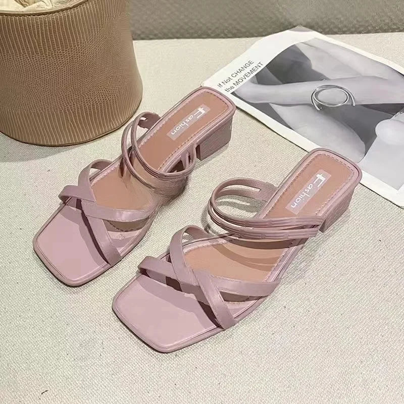 2022 New Fashionable Women's Sandals Slip-On Summer Thick Heel Slope Heel Shoes Two-Way Beachside Half Slippers PVC Material