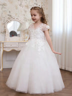 Kids Princess Ivory Short Sleeve Floral Embroidered Tulle Ball Gown Maxi Pageant Dress For Formal Events