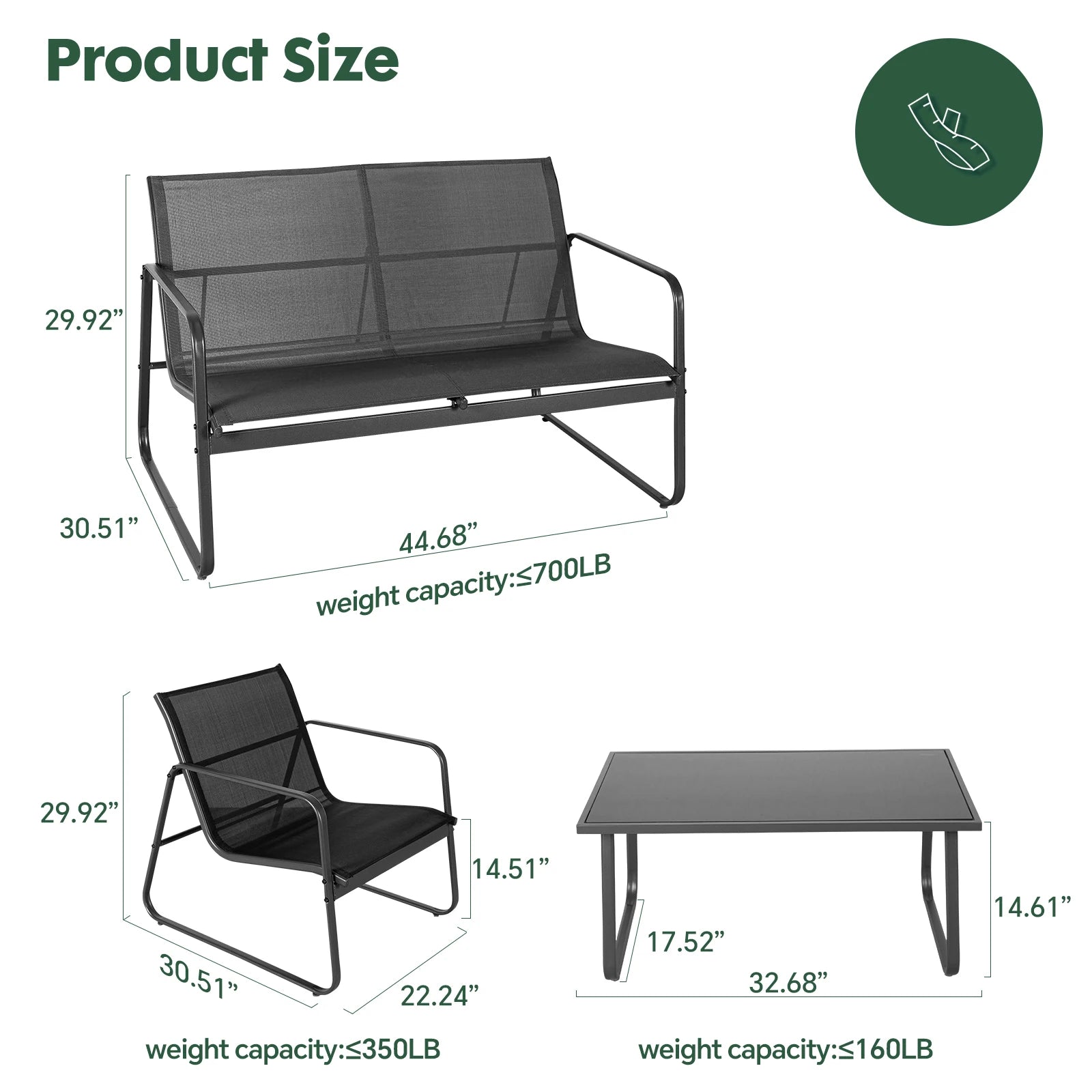 JHK Outdoor Patio Furniture 4 Pieces Set with Table Metal Frame Lumbar Support Mesh Backrest Sectional Balcony Sets for Garden