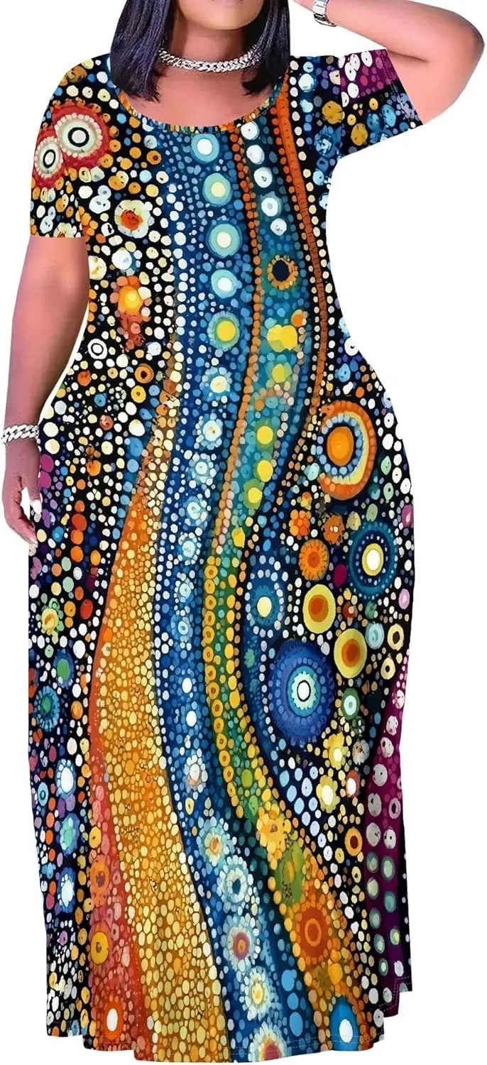 Plus Size Maxi Dress for Women Summer Casual Short Sleeve Tshirt Dresses with Pockets (XL-6XL)