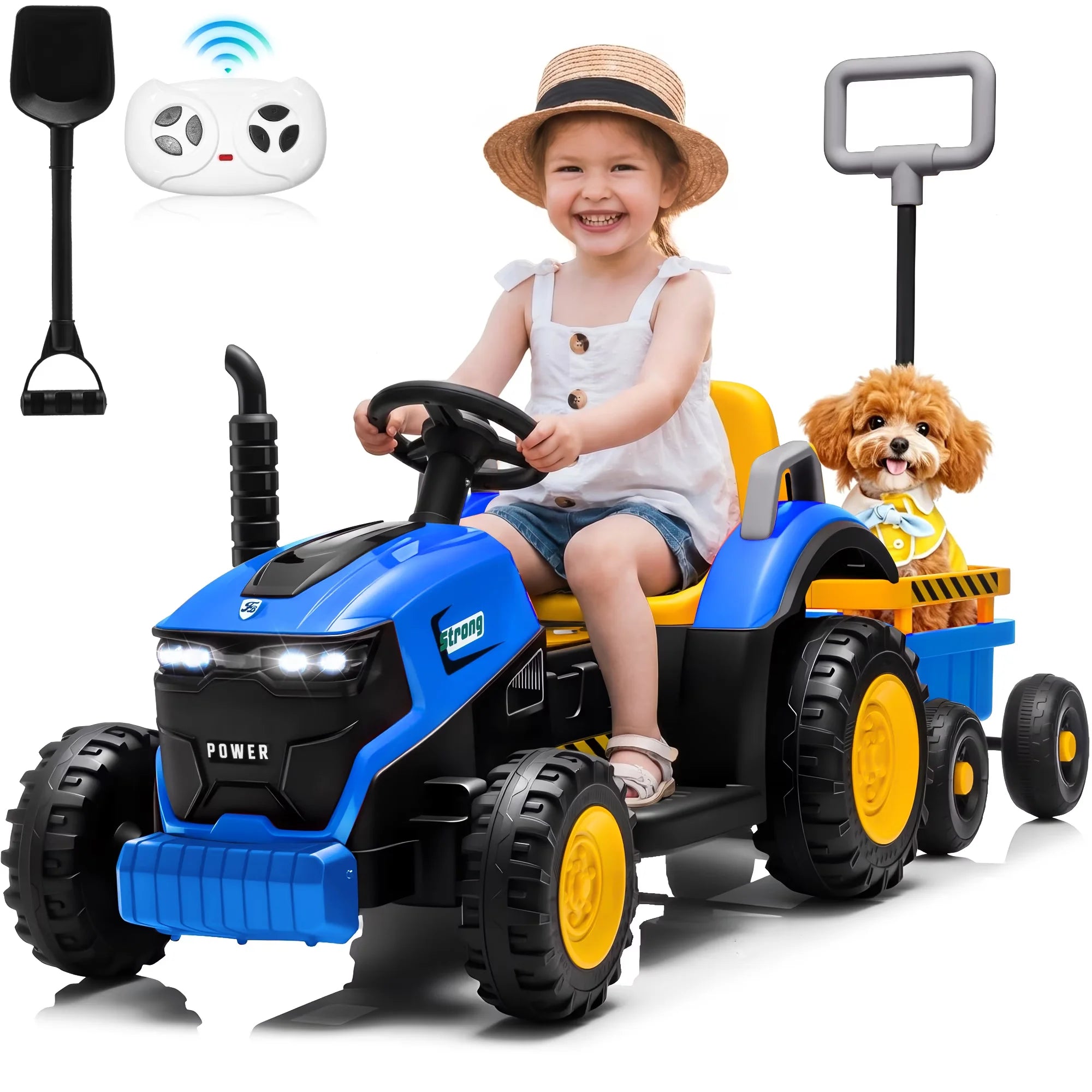 12V Kids Electric Ride On Tractor With Removable Trailer, Remote Control & Manual Drive 2 Modes, Bluetooth Music LED Light, Children Farm Ride‑on Car Toy Gift for Kids Boys Girls