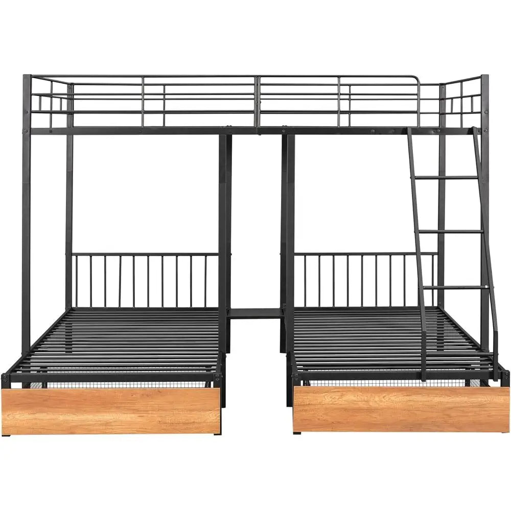 Triple Bunk Bed with Storage, Over Twin Metal Frame, Safety Guardrail & Ladder, Suitable for Kids, Teens, Adults, No Box Spring