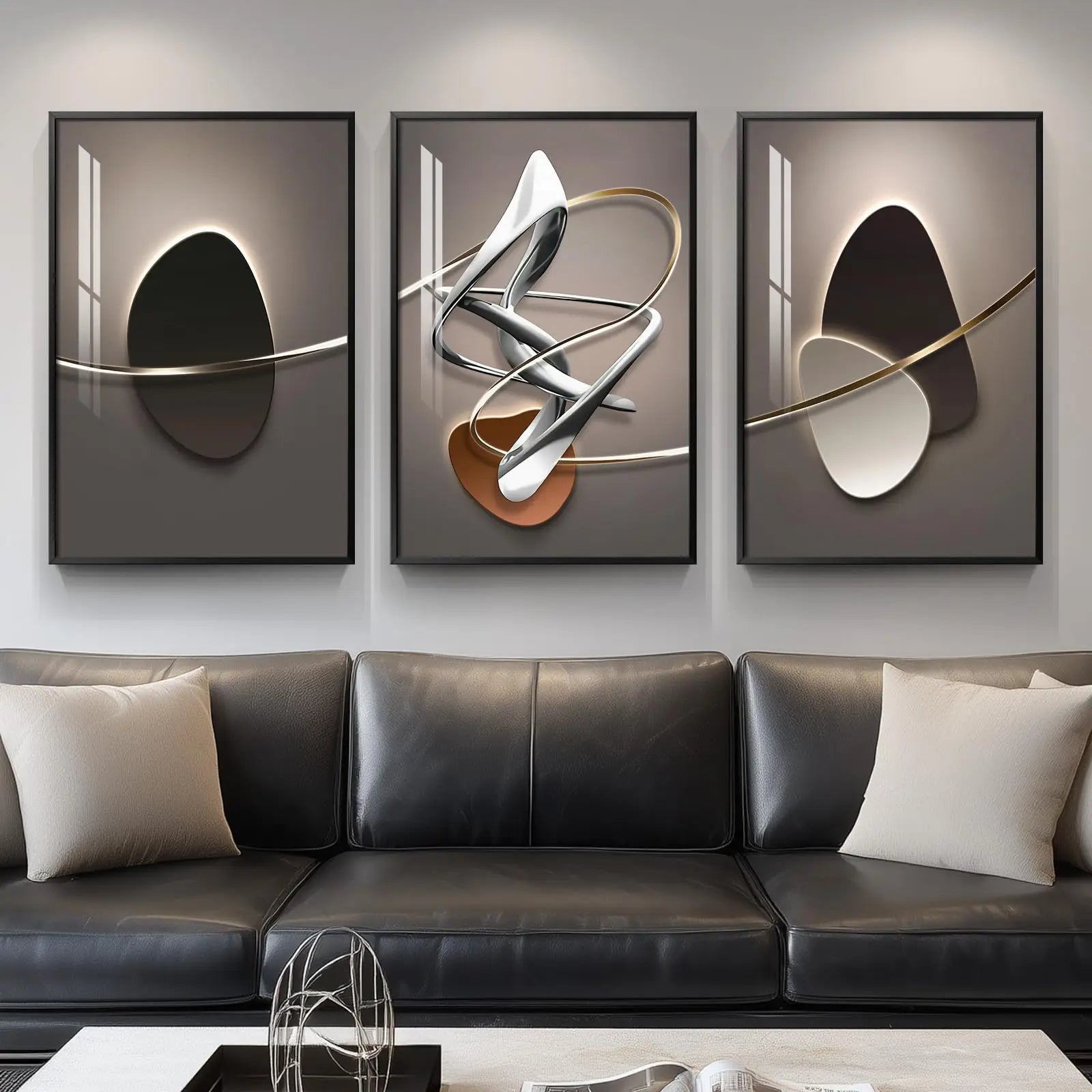 Large Framed Modern Wall Art for Living Room, 3 Piece Black and White Abstract Contemporary Pictures Artwork Decor, Geometric Luxury Bright Style Prints Paintings for Hallway and Office 24x36 Inch