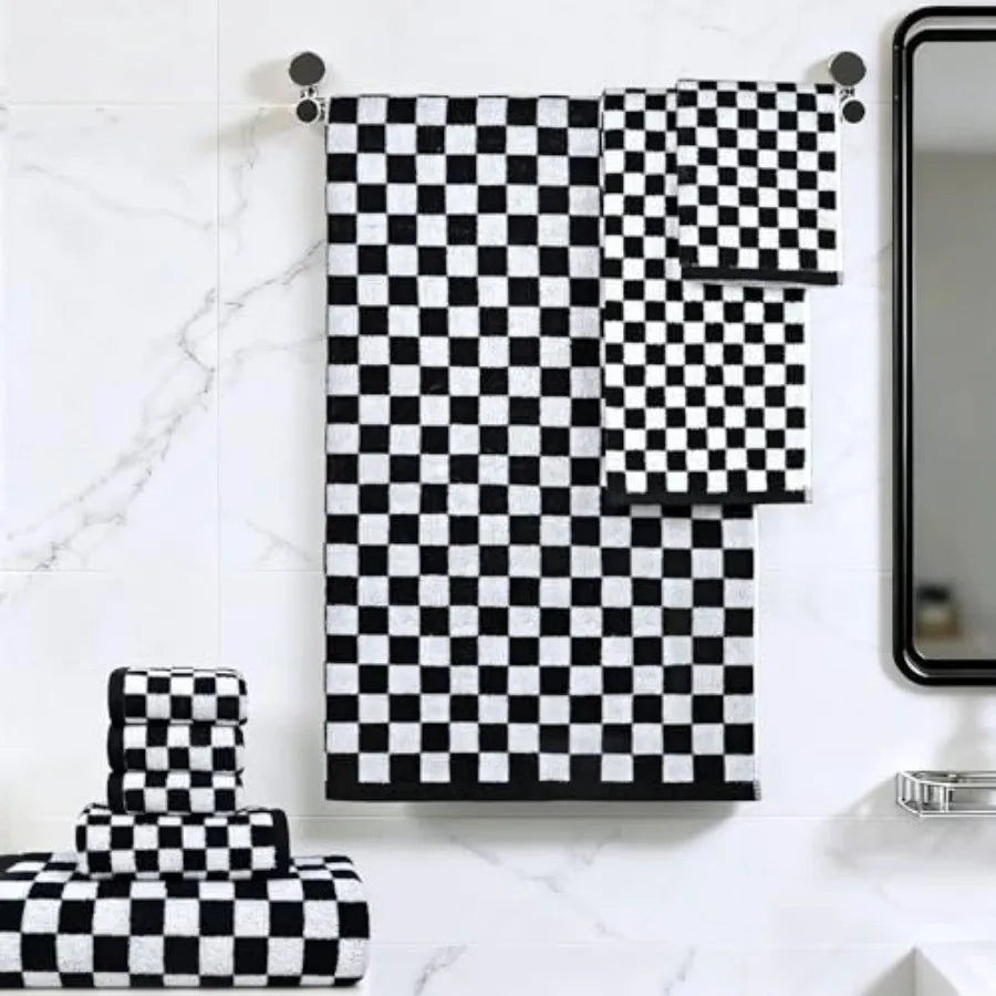 and White Towels Set of 8, Cute Checkered Towels for Bathroom Decor, 2 Bath, 2 Hand, 4 Washcloths, Cotton