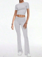 Womens Two Piece Casual Sport Set Round Neck Short Sleeve Top And Straight Pants