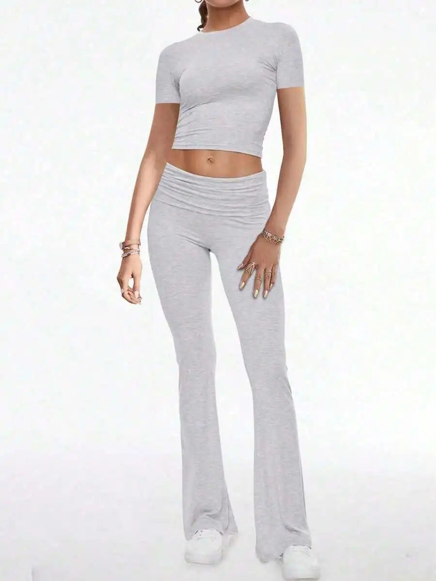 Womens Two Piece Casual Sport Set Round Neck Short Sleeve Top And Straight Pants