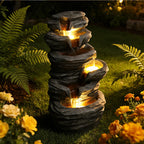 Outdoor Waterfall Fountain with Lights Stacked Rock Cascading Water Feature Resin Garden Decor for Patio Yard Porch Landscape