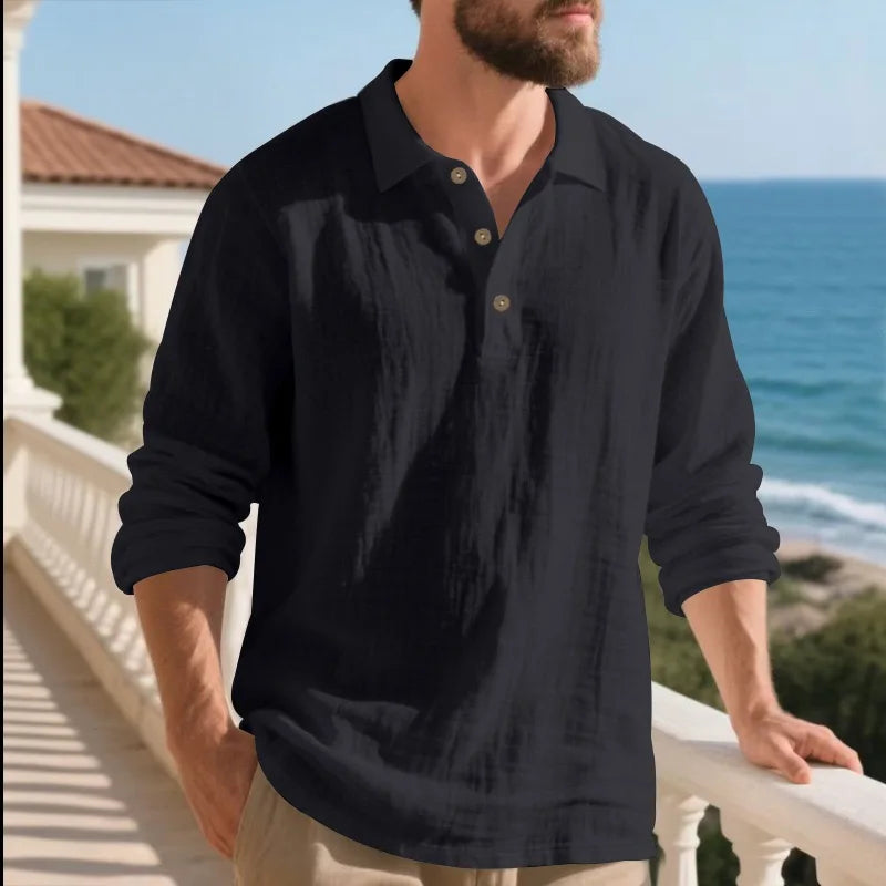 Men Vintage White Textured Linen Henley Polo Long Sleeve Shirt Lightweight Breathable Summer Beach Resort Relax Fit Daily Casual Office Tunic Shirts