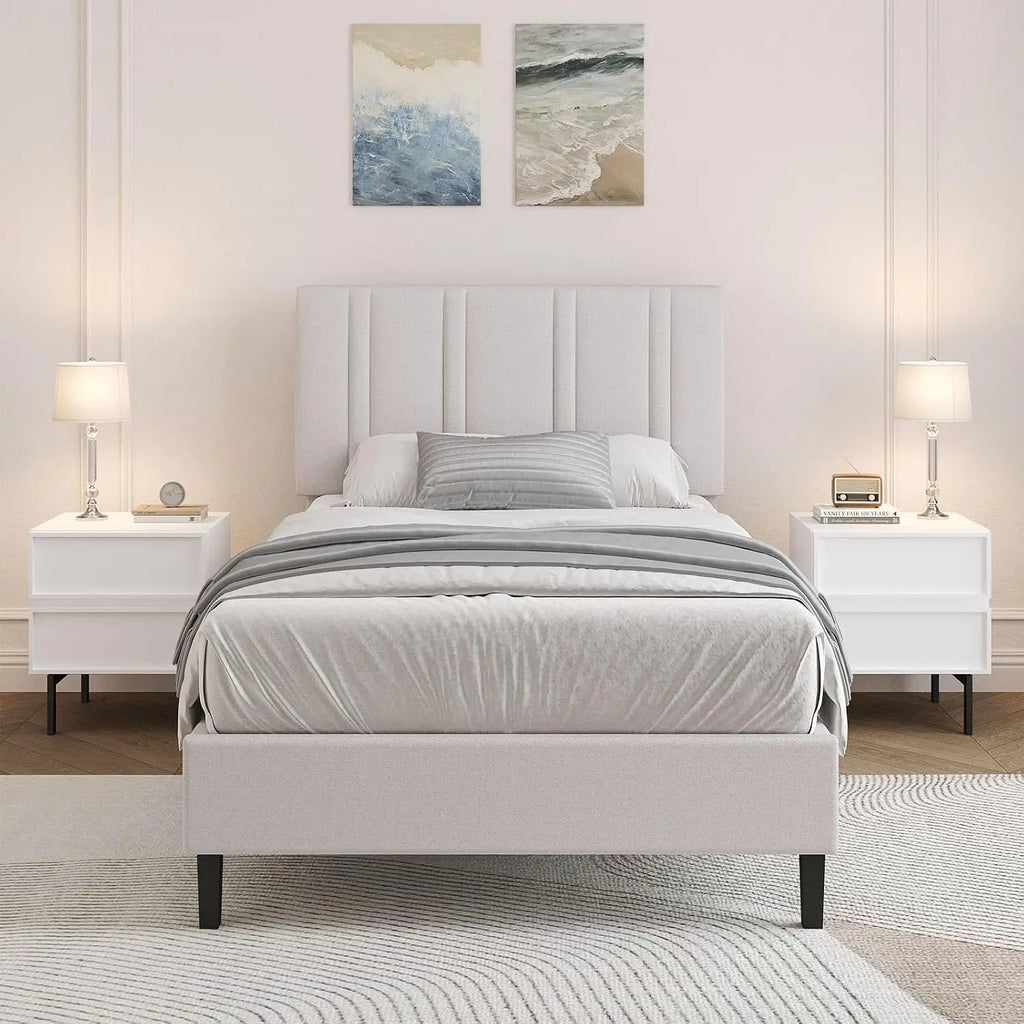 Twin Bed Frame with Adjustable Upholstered Headboard, Linen Fabric Platform Bed with Heavy Duty Wood Slats, Noise-Free,, Custom