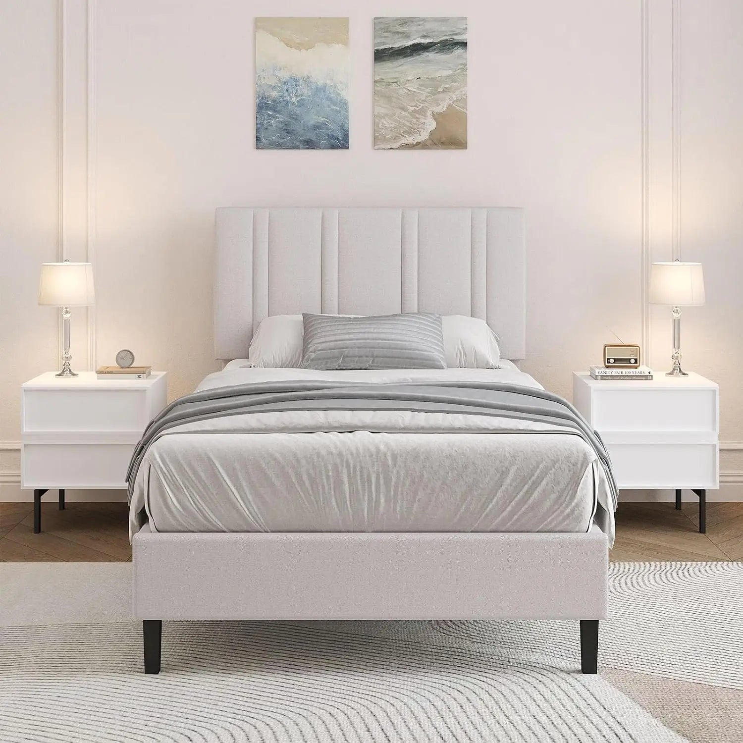 Twin Bed Frame with Adjustable Upholstered Headboard, Linen Fabric Platform Bed with Heavy Duty Wood Slats, Noise-Free,, Custom