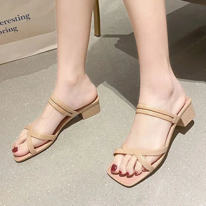 2022 New Fashionable Women's Sandals Slip-On Summer Thick Heel Slope Heel Shoes Two-Way Beachside Half Slippers PVC Material