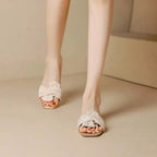 Elegant Pleated Bow Knot Flat Slides Women Square Toe Slip On Sandals For Party Wedding